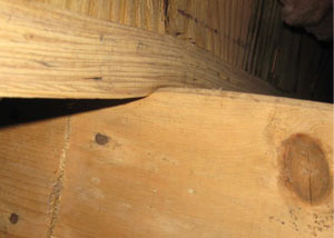 A failing girder showing signs of compression damage in a Manitoba home