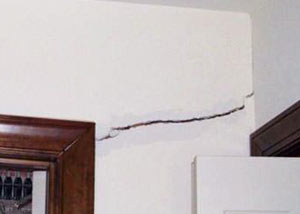 A large drywall crack in an interior wall in Steinbach
